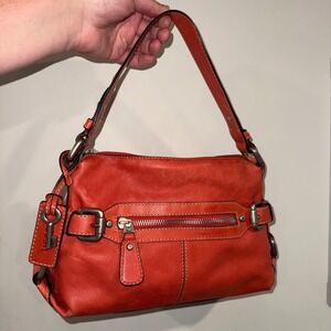 Fossil Coral Salmon Orange Leather Shoulder Bag Purse Key Charm Chunky Buckle